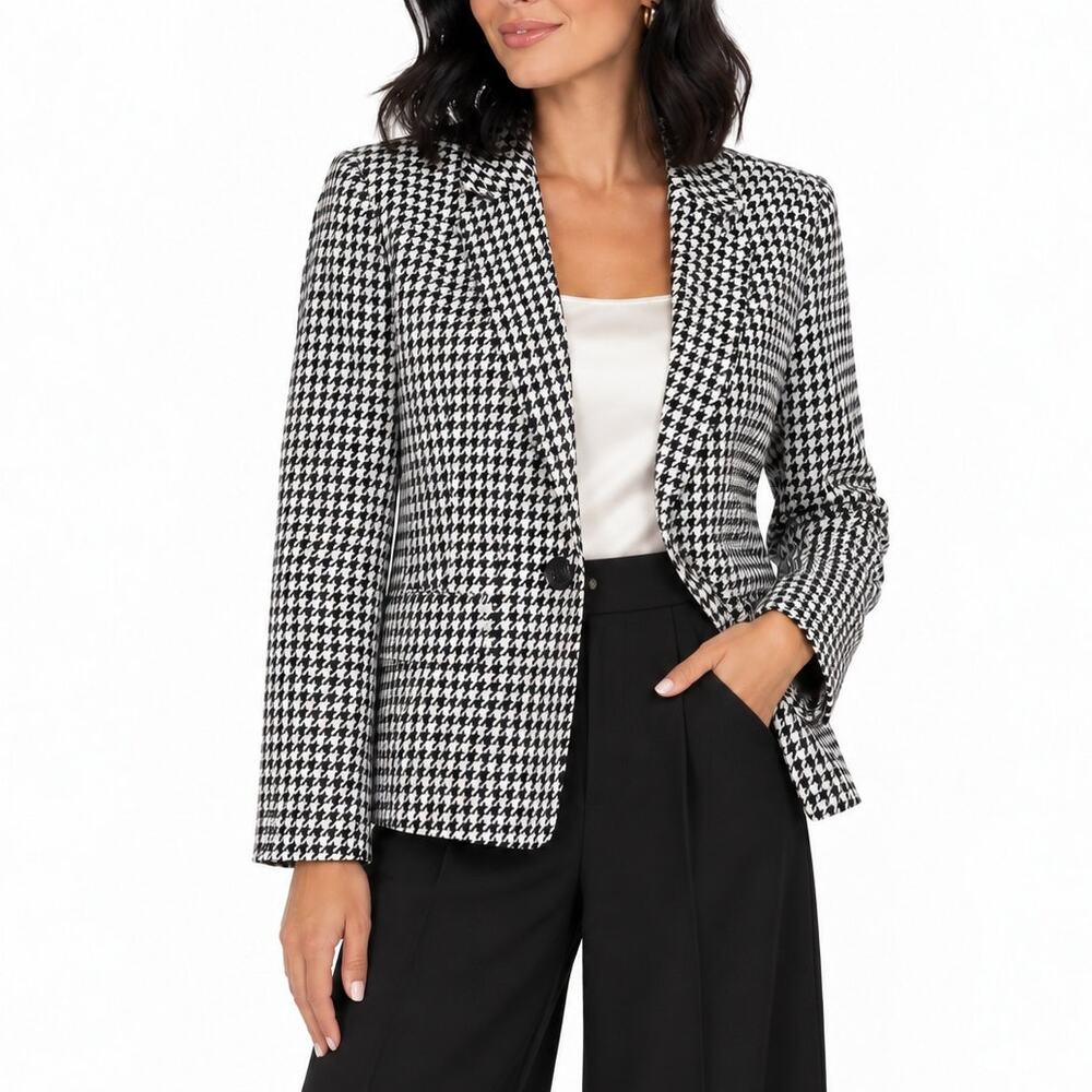 Kasper One Button Notch Collar Blazer Black White Houndstooth Jacket 6 Small